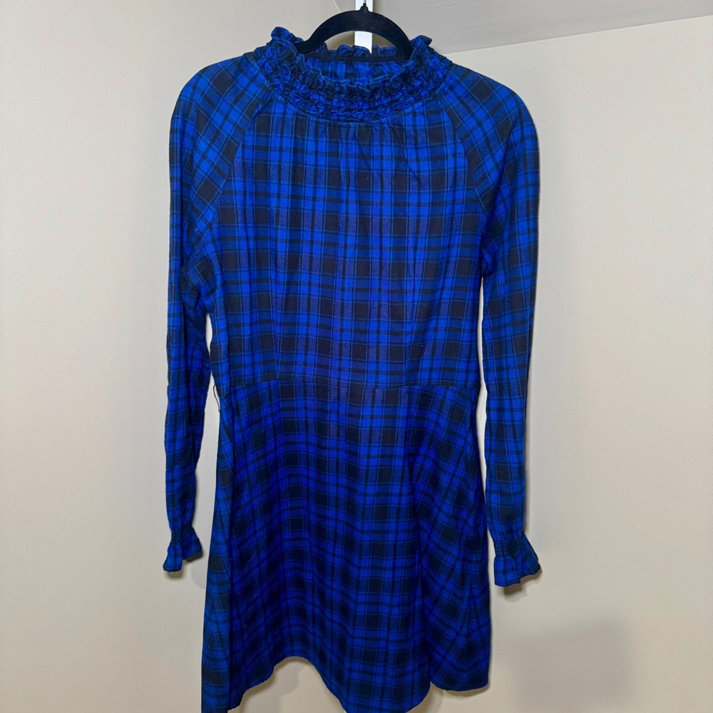 Maje Rivine Blue Black Plaid Smocked High Neck Mini Dress 100% Cotton Size 4